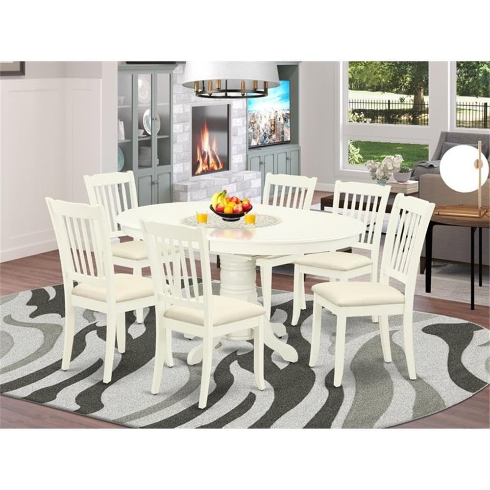 East West Furniture Avda7-Lwh-C 7 Piece Dining Room Table Set Consist Of An Oval Kitchen Table With Butterfly Leaf And 6 Linen Fabric Upholstered Dining Chairs, 42X60 Inch, Linen White
